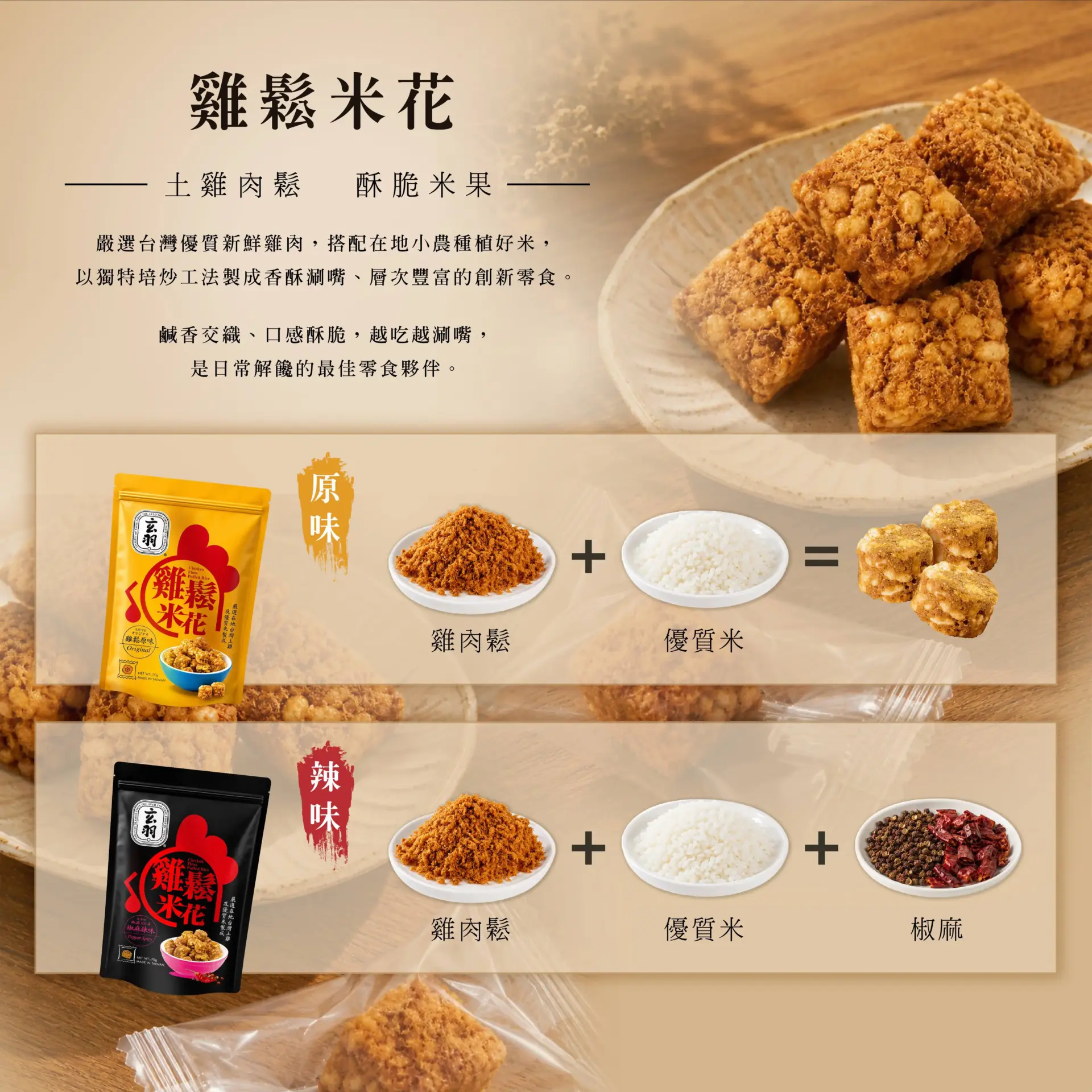 玄羽雞鬆米花 雞肉鬆搭配台灣優質米製成酥脆米果